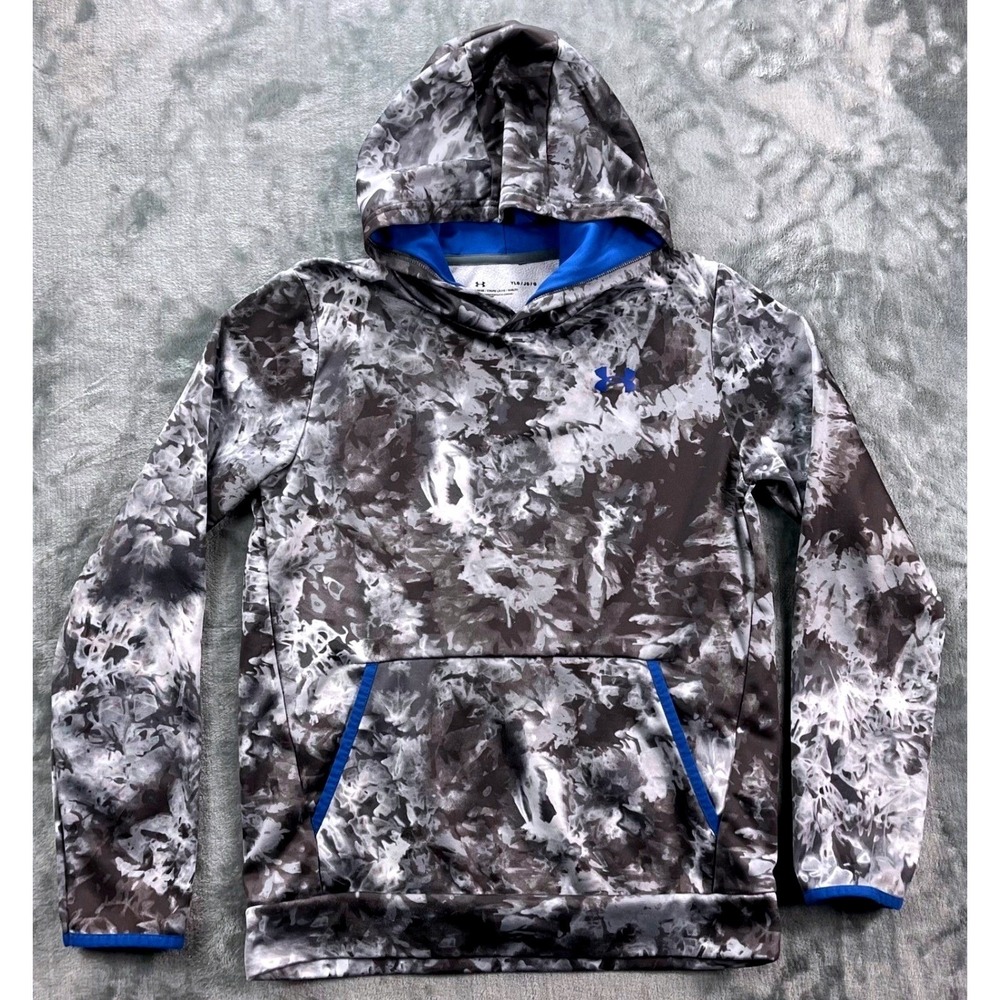Under Armour Boys Fleece Hoodie YLG Gray White Tie Dye Blue Trim Loose Fit